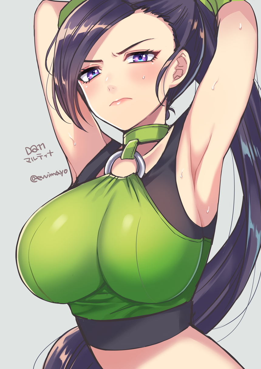 1girl, armpits, bare_shoulders, blouse, blush, breasts, cleavage, dragon_quest