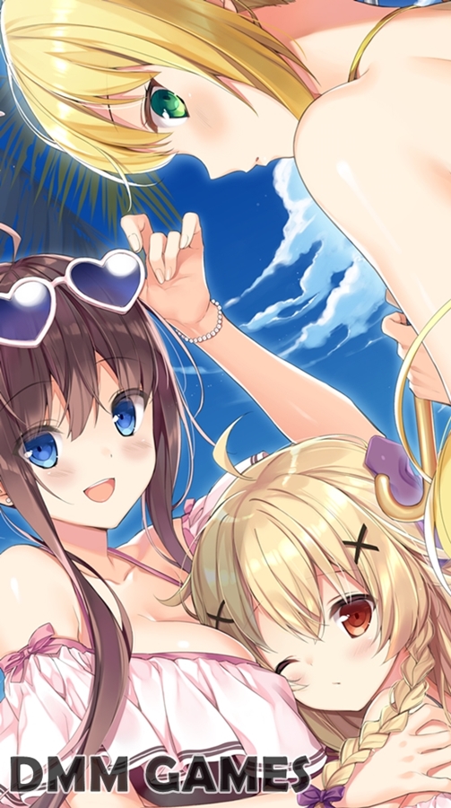 3girls, ahoge, bad_id, bad_pixiv_id, bare_shoulders, blonde_hair, blue_eyes, bracelet, braid, breasts, brown_eyes, brown_hair, cleavage, cloud, day, fennel_(flower_knight_girl), flower_knight_girl, green_eyes, hair_ornament, hand_on_another's_shoulder, heart, heart-shaped_eyewear, jewelry, kagami_(flower_knight_girl), kuko_(flower_knight_girl), long_hair, masushita, multiple_girls, official_art, one_eye_closed, sidelocks, sky, smile, upper_body, x_hair_ornament