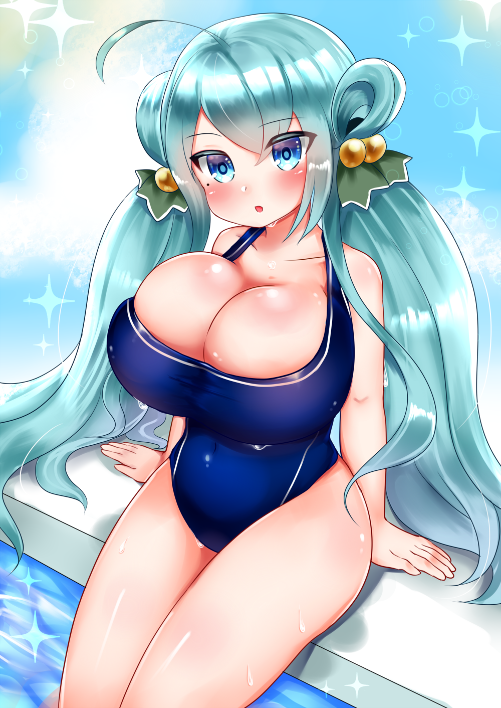 1girl, ahoge, ao_(ao_10bx), aqua_background, aqua_hair, aqua_theme, blue_background, blue_eyes, blue_one-piece_swimsuit, blurry, blush, bokeh, breasts, bursting_breasts, cleavage, collarbone, colored_eyelashes, cowboy_shot, depth_of_field, diffraction_spikes, female_focus, flower_knight_girl, hair_between_eyes, hair_ornament, hair_rings, halterneck, highres, huge_breasts, isogiku_(flower_knight_girl), legs_together, long_hair, looking_at_viewer, mole, mole_under_eye, one-piece_swimsuit, poolside, shiny_skin, sitting, solo, swimsuit, thighs, twintails, very_long_hair, wet