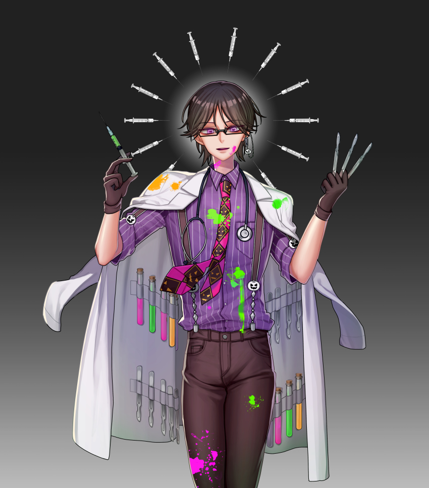 1boy, absurdres, alternate_costume, band_yarouze!, black-framed_eyewear, black_gloves, black_hair, black_pants, coat, coat_stash, dual_wielding, earrings, glasses, gloves, grey_background, hazelgaeam, highres, holding, jewelry, kurusu_makoto, lab_coat, looking_at_viewer, male_focus, medium_hair, necktie, open_clothes, open_coat, paint, paint_splatter, paint_splatter_on_face, pants, pink_necktie, print_necktie, print_neckwear, purple_eyes, purple_shirt, scalpel, shirt, solo, stethoscope, striped_clothes, striped_shirt, syringe, vial