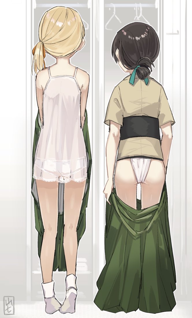 2girls, ass, black_hair, blonde_hair, blue_ribbon, folded_ponytail, from_behind, full_body