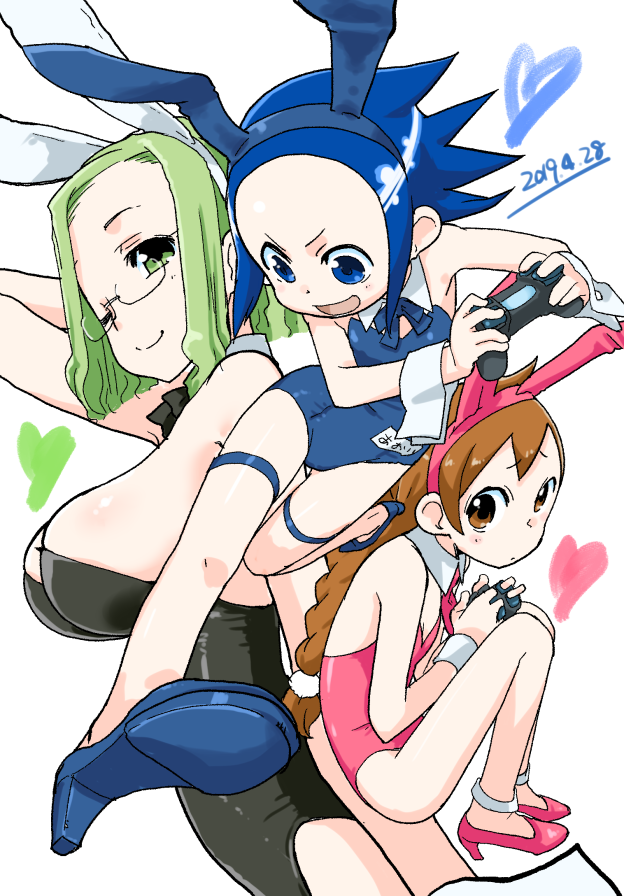 3girls, animal_ears, black_leotard, blue_eyes, blue_hair, blue_leotard, bow, bowtie
