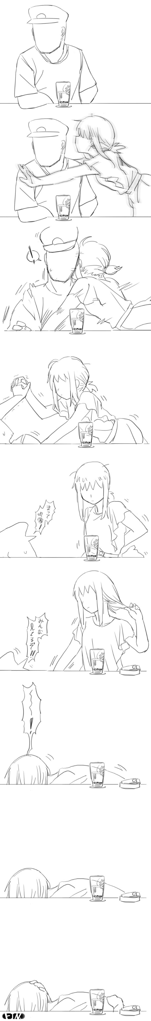 !, 1boy, 1girl, 9koma, absurdres, admiral_(kancolle), artist_name, beer_mug