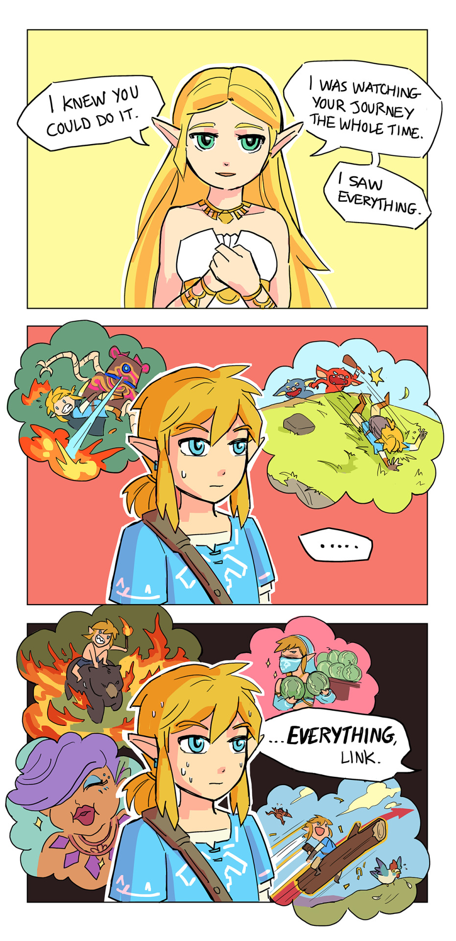 ..., 1boy, 1girl, 3koma, :d, :|, bare_shoulders, beam, bear, bird, blonde_hair, blue_eyes, blue_tunic, blush, bokoblin, bracelet, chicken, clenched_teeth, closed_mouth, club_(weapon), collarbone, comic, commentary, english_commentary, english_text, explosion, falling, fire, food, fruit, gerudo_set_(zelda), grass, great_fairy_(zelda), great_fairy_mija, green_eyes, guardian_(zelda), hands_on_own_chest, highres, hill, holding, holding_food, holding_fruit, jewelry, jumping, link, log, long_hair, necklace, nervous_sweating, nintendo, norue, open_mouth, pointy_ears, ponytail, princess_zelda, riding, rock, short_ponytail, simple_background, smile, sparkle, speech_bubble, sweat, sweatdrop, teeth, the_legend_of_zelda, the_legend_of_zelda:_breath_of_the_wild, thought_bubble, torch, tripping, tunic, watermelon, weapon