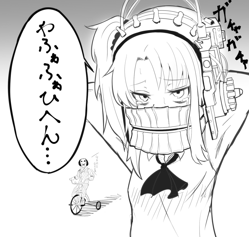 1girl, bdsm, billy_the_puppet, bondage, bound, english_text, gradient_background, greyscale