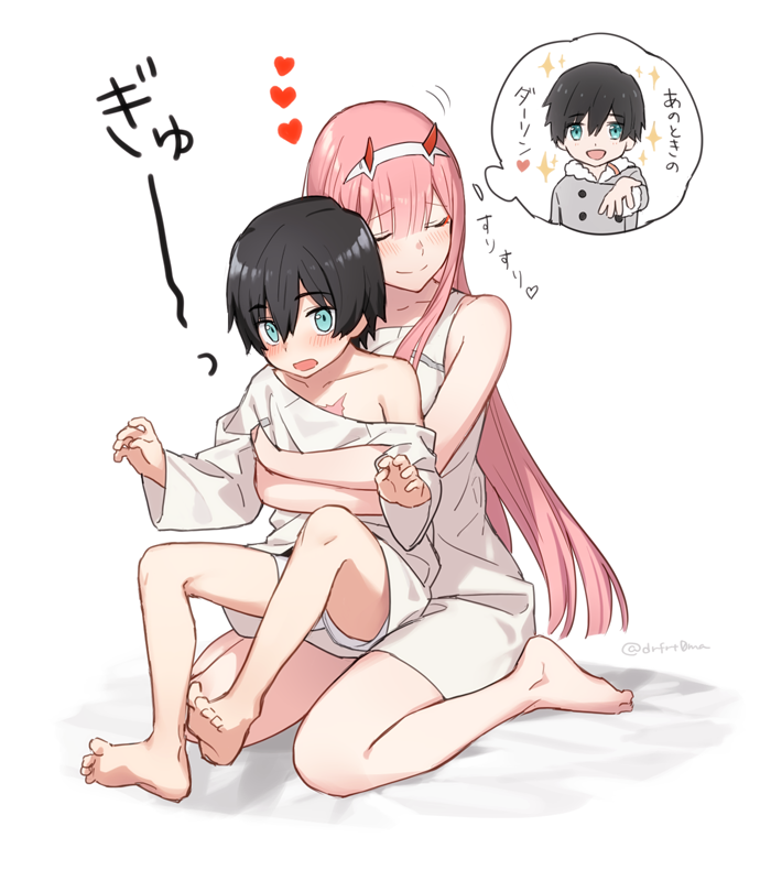 1boy, 1girl, 1koma, aged_down, bare_shoulders, black_hair, blue_eyes, blush