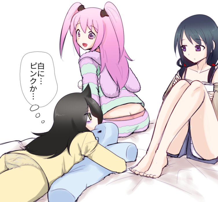 3girls, ass, bags_under_eyes, barefoot, bed, bed_sheet, black_hair, blanket