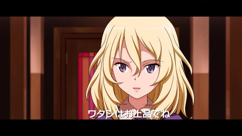 1girl, bc_freedom_school_uniform, blonde_hair, blue_eyes, blue_necktie, blue_sweater, blurry, blurry_background, diagonal_stripes, dress_shirt, fast_&amp;_furious, female_focus, girls_und_panzer, hobbs_&amp;_shaw, indoors, inoshira, letterboxed, looking_at_viewer, medium_hair, messy_hair, necktie, oshida_(girls_und_panzer), parody, parted_lips, portrait, red_necktie, school_uniform, shirt, smile, solo, striped_clothes, striped_necktie, striped_neckwear, subtitled, sweater, the_fast_and_the_furious, translated, white_shirt, wing_collar