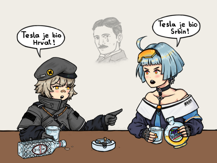 2girls, ahoge, alcohol, arguing, ashtray, bandaid, bandaid_on_face, bandaid_on_nose, bare_shoulders, beret, black_choker, black_gloves, black_jacket, black_nails, black_shirt, black_sleeves, blue_hair, blue_nails, blue_neckwear, blunt_bangs, blush, bob_cut, bottle, choker, cigarette, cigarette_butt, collarbone, commentary, cup, drunk, earrings, english_commentary, facial_hair, fingerless_gloves, girls'_frontline, gloves, goggles, goggles_on_head, grey_hair, hat, highres, holding, holding_bottle, holding_cup, hs2000_(girls'_frontline), jacket, jewelry, light_blush, long_sleeves, maraschino, multicolored_nails, multiple_girls, mustache, nail_polish, necktie, nikola_tesla, open_mouth, orange_eyes, orange_goggles, orange_nails, pointing, pureo2, real_life, serbo-croatian_text, shirt, short_hair, simple_background, single_tear, sljivovica, speech_bubble, spill, table, talking, translated, twitter_username, wide_sleeves, zas_m21_(girls'_frontline)