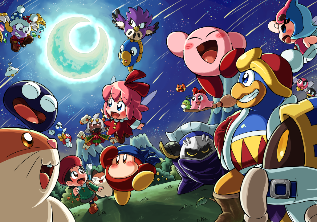 :d, adeleine, album_cover, bandana_waddle_dee, chuchu_(kirby), closed_eyes, coo_(kirby), cover, darkpot, elline_(kirby), gooey_(kirby), grin, jizo_yukari, kine_(kirby), king_dedede, kirby, kirby_(series), magolor, marx_(kirby), marx_(true_form)_(kirby), meta_knight, moon, nintendo, open_mouth, pitch_(kirby), rayman_limbs, ribbon_(kirby), rick_(kirby), shooting_star, sky, smile, star_(sky), taranza
