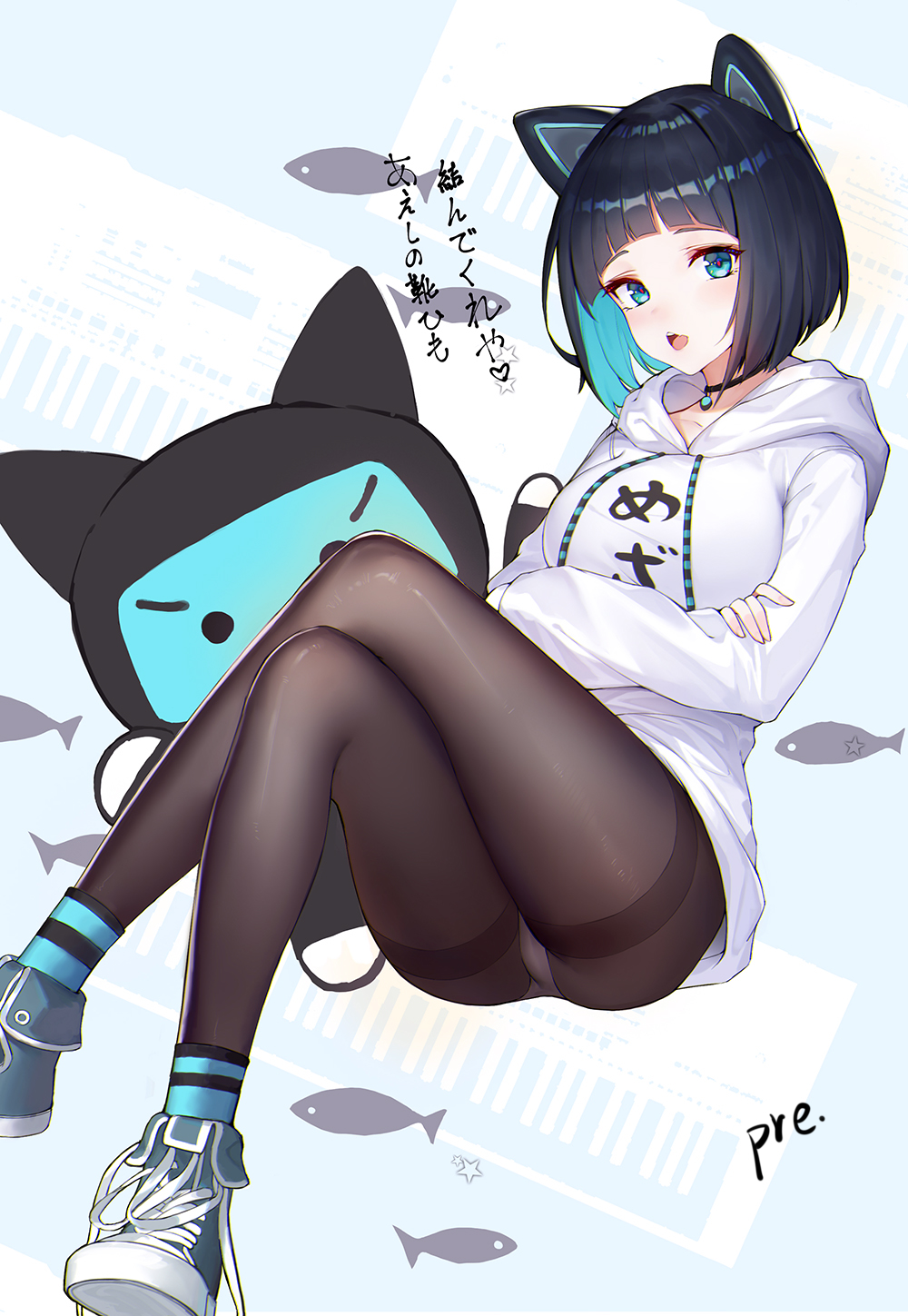 1girl, animal_ears, black_choker, black_hair, black_pantyhose, blue_background, blue_eyes, blue_hair, blue_shoes, blunt_bangs, blush, bob_cut, breasts, cat_ears, choker, clothes_writing, commentary_request, crossed_arms, crossed_legs, drawstring, fake_animal_ears, female_focus, fine_fabric_emphasis, fish, gems_company, highres, hood, hood_down, hoodie, invisible_chair, jewelry, long_sleeves, looking_at_viewer, medium_breasts, mizushima_aoi_(virtual_youtuber), multicolored_hair, open_mouth, panties, panties_under_pantyhose, pantyhose, pendant, pre_(preecho), shoes, short_hair, signature, sitting, smile, solo, star_(symbol), stuffed_toy, thighband_pantyhose, translated, translation_request, two-tone_background, two-tone_hair, underwear, untied_shoelaces, virtual_youtuber