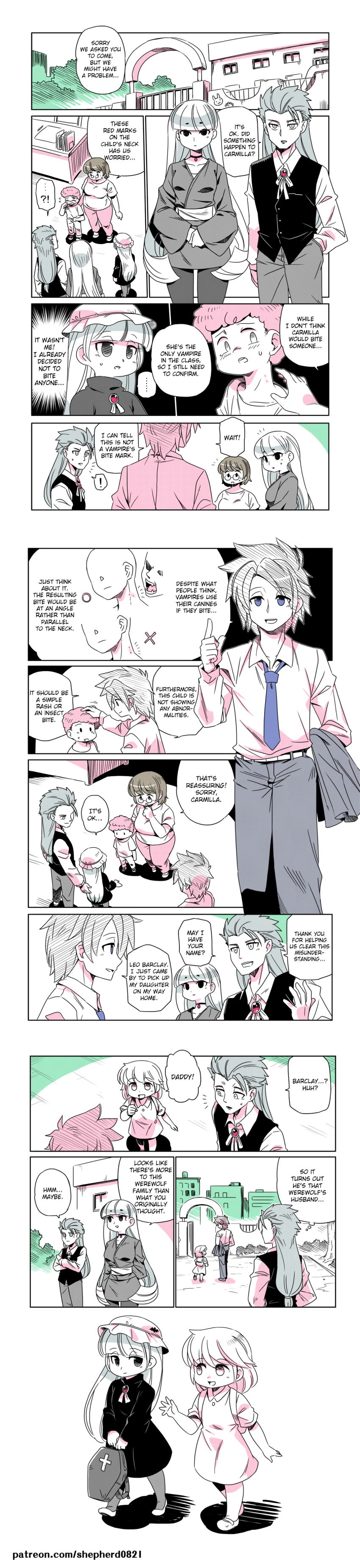 !, ..., 3boys, 4girls, absurdres, alternate_language, animal_print, backpack, bag, bat_print, brooch, carmilla's_father_(modern_mogal), carmilla's_mother_(shepherd0821), carmilla_(modern_mogal), choker, comic, commentary, dress, english_text, family, father_and_child, father_and_daughter, glasses, hat, highres, jewelry, leo_(modern_mogal), limited_palette, long_hair, long_image, long_sleeves, medium_hair, mother_and_child, mother_and_daughter, multiple_boys, multiple_girls, necktie, original, pants, parent_and_child, patreon_username, plump, school, shepherd0821, shirt, short_hair, short_sleeves, speech_bubble, spiked_hair, spoken_ellipsis, spoken_exclamation_mark, tall_image, teacher, thought_bubble, vampire, vest, waistcoat, wendy_(modern_mogal)