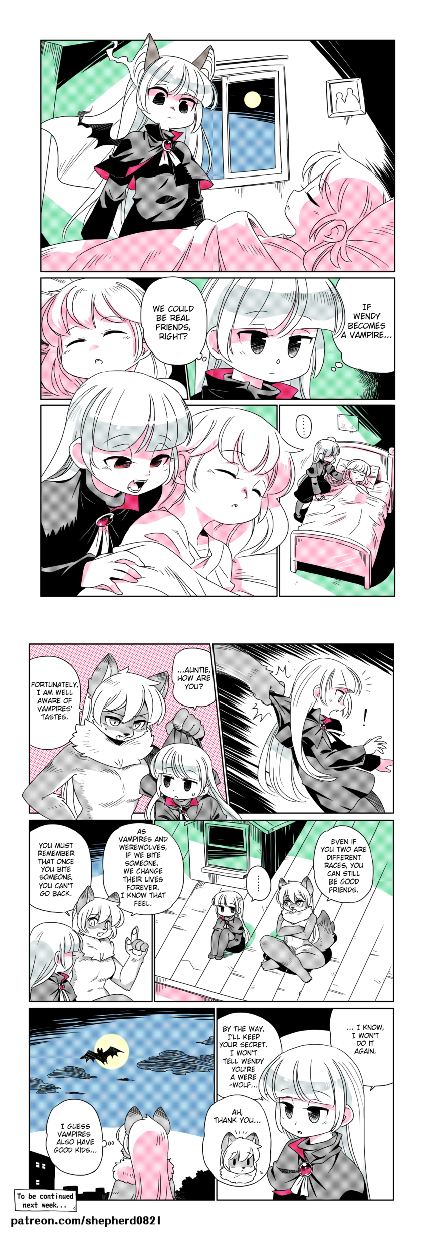 !, 3girls, absurdres, alternate_language, animal_ears, bat_ears, bat_wings, capelet