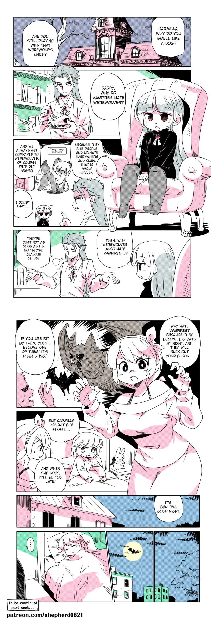 ..., 1boy, 3girls, absurdres, alternate_language, animal_skull, bat_(animal), bed, breasts, brush, brushing, carmilla's_father_(modern_mogal), carmilla_(modern_mogal), chair, comic, english_text, fang, father_and_child, father_and_daughter, highres, jennifer_(modern_mogal), jitome, limited_palette, long_hair, moon, mother_and_child, mother_and_daughter, multiple_girls, original, parent_and_child, patreon_username, pillow, puff_of_air, racism, shepherd0821, short_hair, sitting, sleeping, spoken_ellipsis, stuffed_animal, stuffed_rabbit, stuffed_toy, vampire, wendy_(modern_mogal), werewolf