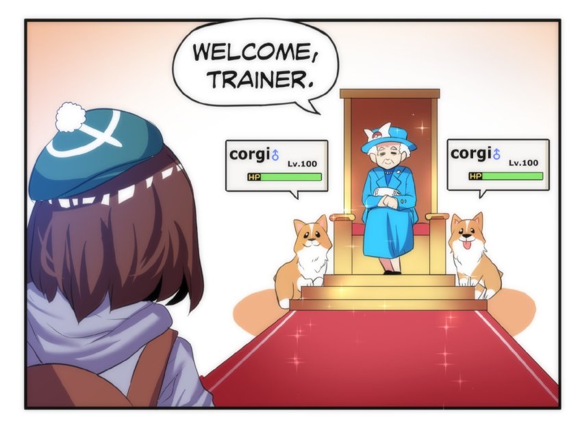 2girls, bag, brown_hair, carpet, chair, closed_eyes, comic, dog