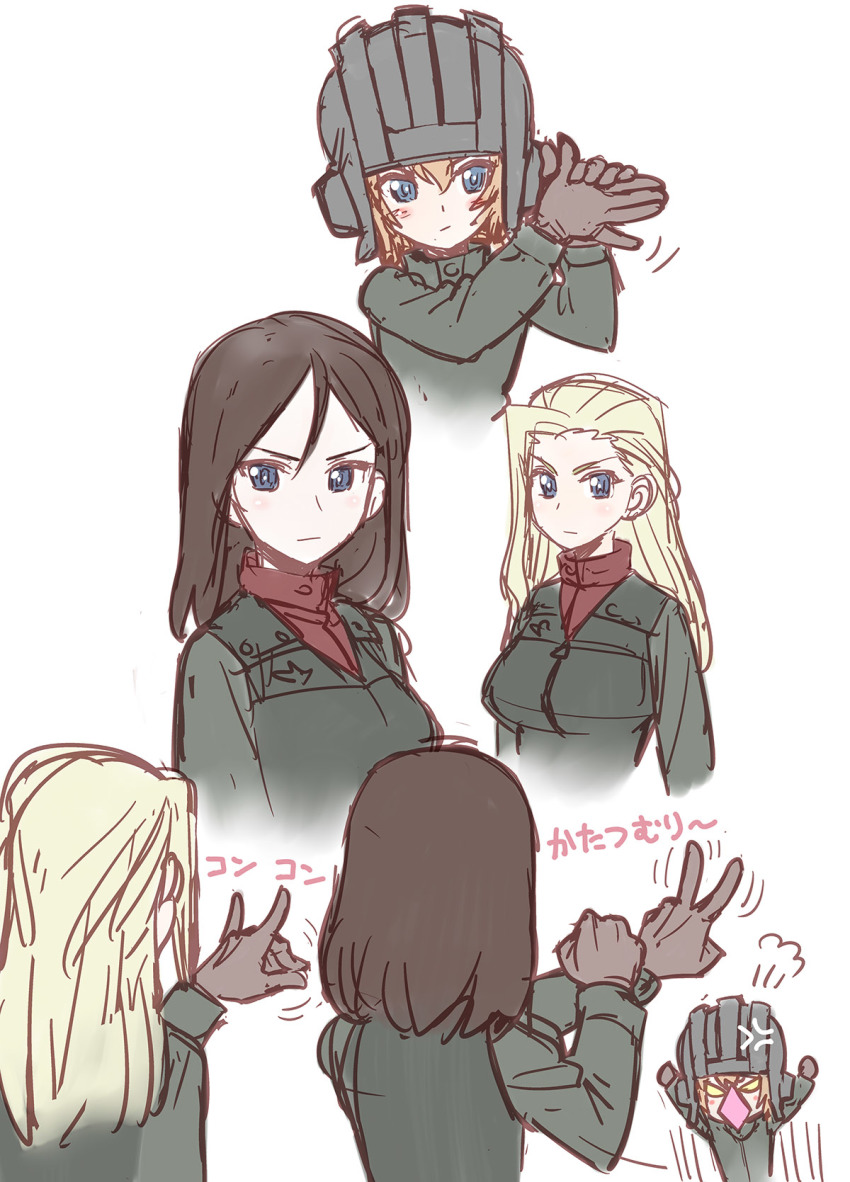 3girls, anger_vein, blonde_hair, blue_eyes, brown_hair, chibi, clara_(girls_und_panzer), commentary_request