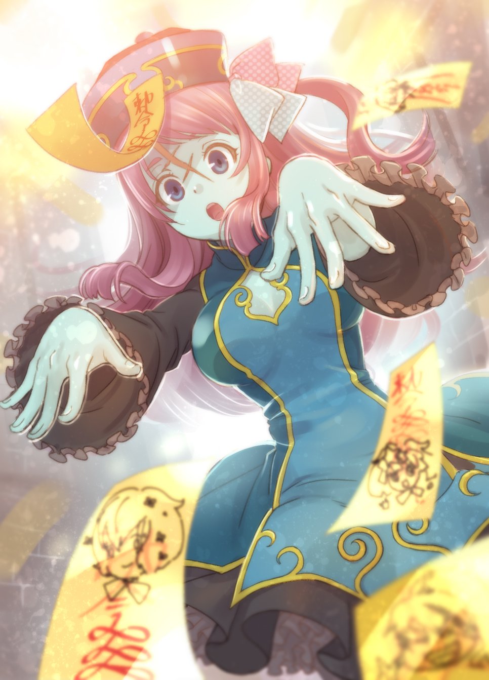 1girl, alternate_costume, blue_eyes, bow, breasts, chinese_clothes, chinese_text, cleavage_cutout