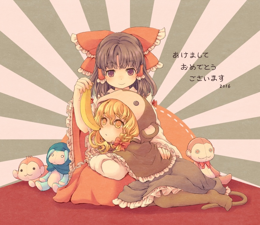 2016, 2girls, :>, :<, banana, black_hair, black_legwear, blonde_hair