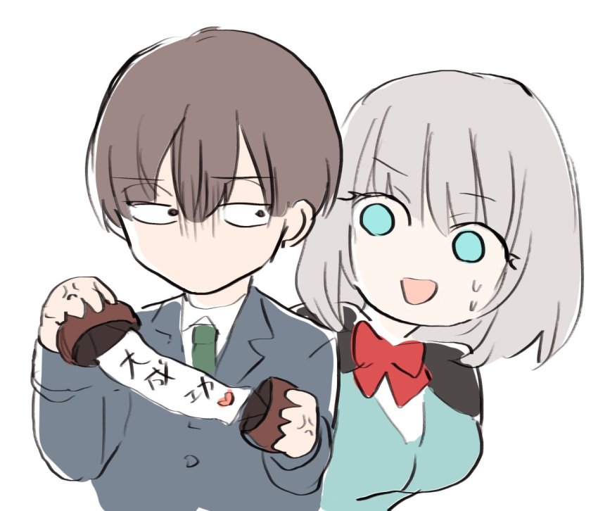 1boy, 1girl, anger_vein, aqua_eyes, assistant_(tejina_senpai), azu_(azu401), brown_hair, cape