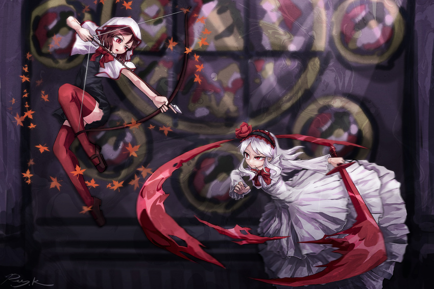 2girls, arrow_(projectile), battle, black_dress, bow, bow_(weapon), bowtie, brown_hair