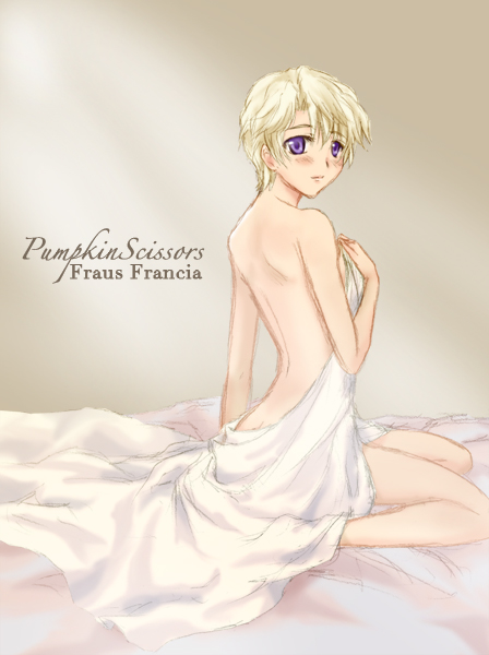 00s, 1girl, back, bed, bed_sheet, blonde_hair, blush, covering_privates, female_focus, fraus_francia, keikou_midori, kneeling, looking_back, naked_sheet, nude, nude_cover, pumpkin_scissors, purple_eyes, short_hair, solo