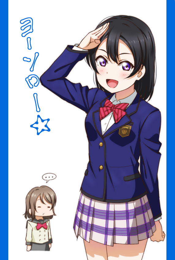 2girls, anibache, black_hair, blazer, bow, bowtie, breasts, chibi