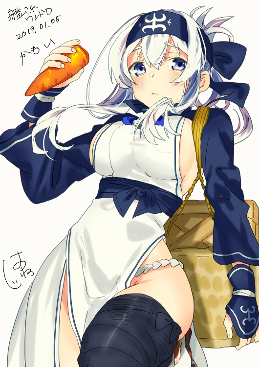 1girl, :<, ainu, ainu_clothes, bandages, bandana, basket, blue_eyes, blue_hair, blue_headband, blush, boots, breasts, carrot, closed_mouth, commentary_request, cowboy_shot, cropped_jacket, dated, dress, female_focus, folded_ponytail, food, fundoshi, hair_between_eyes, hatu_xxgoukan, headband, holding, holding_basket, holding_food, holding_vegetable, japanese_clothes, kamoi_(kancolle), kantai_collection, long_sleeves, looking_at_viewer, multicolored_hair, one-hour_drawing_challenge, pelvic_curtain, short_eyebrows, sideboob, sidelocks, signature, simple_background, sleeveless, sleeveless_dress, solo, thick_eyebrows, thigh_boots, thighhighs, translated, vegetable, white_background, white_dress, white_hair, wrist_guards