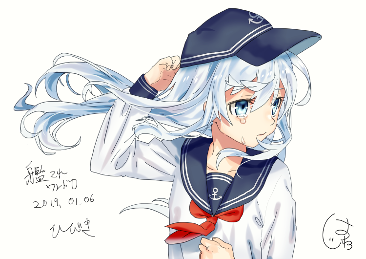 1girl, adjusting_clothes, adjusting_headwear, anchor_symbol, blue_eyes, blue_sailor_collar, closed_mouth, collarbone