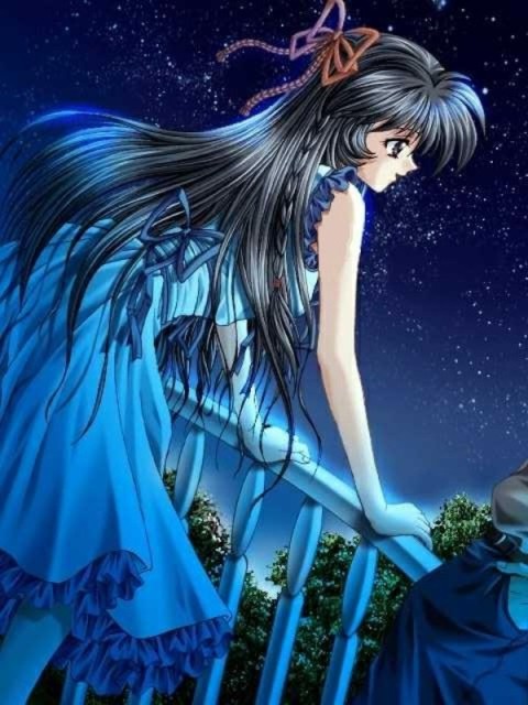 1girl, akira_(artist), amamiya_yumi_(heroine), arm_support, black_eyes, black_hair, blue_dress, braid