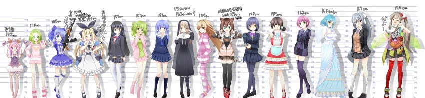 6+girls, absurdres, aged_up, ahoge, ak-47, animal_ears, arms_behind_back, arms_up, assault_rifle, black_bow, black_eyes, black_footwear, black_hair, black_socks, blonde_hair, blue_bow, blue_dress, blue_eyes, blue_footwear, blue_hair, blush, boots, bow, braid, breasts, brown_eyes, brown_footwear, brown_hair, capelet, clenched_hands, closed_mouth, collarbone, commentary, cross-laced_clothes, cross-laced_legwear, crown_braid, dot_nose, double_bun, double_v, dress, elbow_gloves, elu_(nijisanji), eyebrows, fairy_wings, fang, female_focus, finger_to_mouth, flat_chest, flower, folded_ponytail, frills, full_body, fumino_tamaki, gloves, green_eyes, green_hair, gun, hair_bow, hair_bun, hair_flower, hair_ornament, hair_scrunchie, hairband, hairclip, hand_on_own_hip, hand_up, handgun, hands_in_pockets, hands_up, happy, headwear_request, height_chart, highres, higuchi_kaede, holding, holding_weapon, i_heart..., ienaga_mugi, kalashnikov_rifle, kiyo_(dualmoon), knee_boots, kneehighs, large_breasts, legs_apart, light_blue_hair, lineup, long_dress, long_hair, long_image, long_sleeves, looking_at_viewer, loose_socks, mary_janes, medium_hair, moira_(nijisanji), mole, mole_on_breast, mole_under_mouth, mononobe_alice, morinaka_kazaki, multiple_girls, nervous, nijisanji, nun, off_shoulder, one_eye_closed, open_mouth, outstretched_hand, pajamas, pink_hair, pink_legwear, plaid_clothes, plaid_skirt, pleated_skirt, pointy_ears, ponytail, purple_legwear, red_footwear, red_legwear, revolver, ribbon, rifle, school_uniform, scrunchie, serafuku, shizuka_rin, shoes, short_hair, short_shorts, short_sleeves, shorts, side_ponytail, silver_hair, sister_claire, sister_claire_(1st_costume), skirt, sleeveless, sleeveless_dress, smile, socks, standing, suzuka_utako, tail, teeth, thighhighs, translated, tsukino_mito, tsukino_mito_(1st_costume), tucking_hair, twintails, ushimi_ichigo, v, very_long_hair, virtual_youtuber, weapon, white_bow, white_gloves, white_legwear, wide_image, wings, wink, yuuhi_riri, yuuki_chihiro, zettai_ryouiki