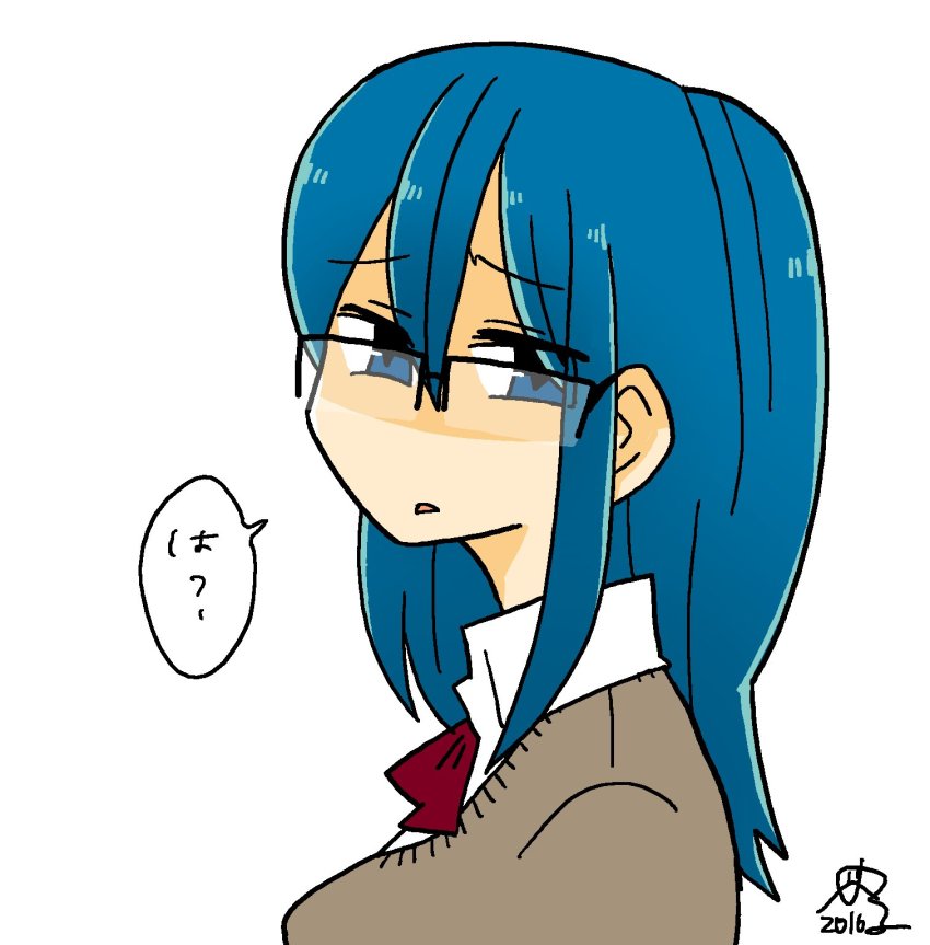 1girl, blue_eyes, blue_hair, commentary, disgust, female_focus, glasses, highres