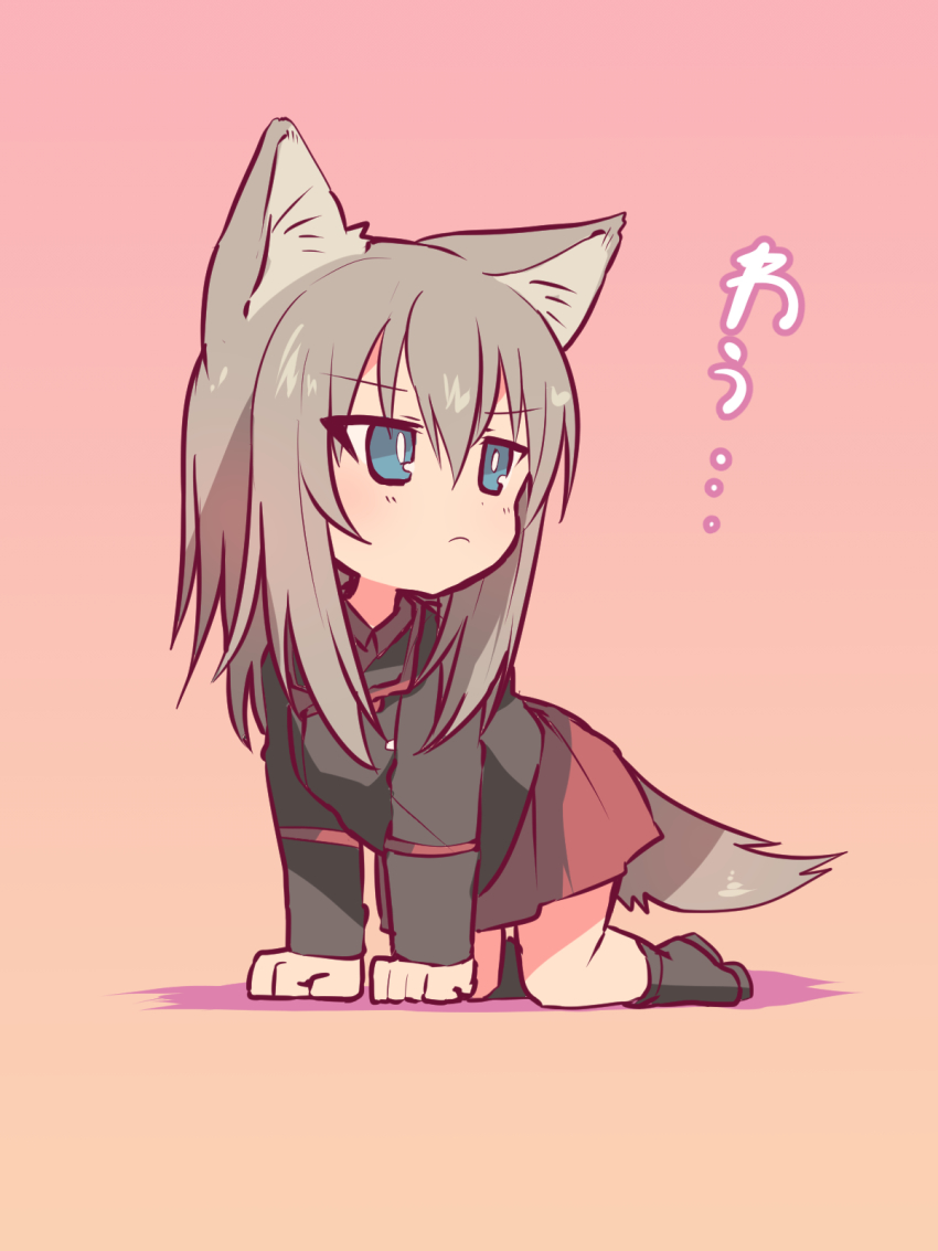 1girl, all_fours, animal_ears, black_boots, black_hat, black_jacket, blue_eyes, boots