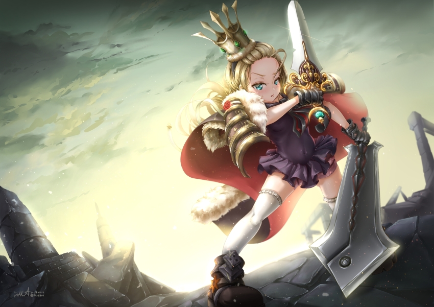 >:), 1girl, ahoge, armor, artist_name, black_gloves, blonde_hair, blue_eyes, breasts, brown_footwear, cape, charlotte_(epic_seven), cloud, covered_navel, crown, dated, day, dual_wielding, epic_seven, fighting_stance, full_body, fur_trim, gloves, highres, holding, holding_sword, holding_weapon, hue301, md5_mismatch, outdoors, red_cape, resolution_mismatch, rubble, small_breasts, source_smaller, standing, sword, thighhighs, weapon, white_thighhighs