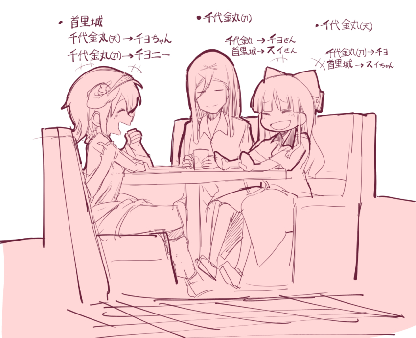 1boy, 2girls, ^_^, booth_seating, chiyoganemaru, chiyoganemaru_(tenka_hyakken), closed_eyes, crossover