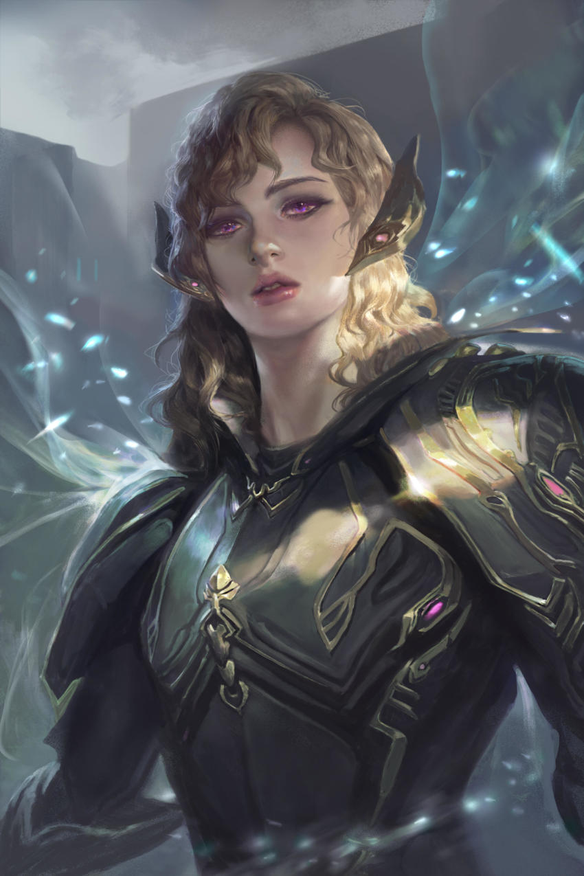 1girl, absurdres, armor, blonde_hair, bodysuit, breastplate, female_focus, gauntlets