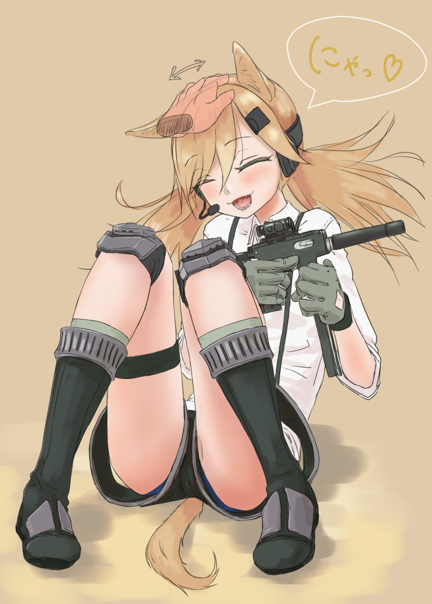 1girl, animal_ears, black_boots, black_shorts, blonde_hair, blue_panties, blush, boots