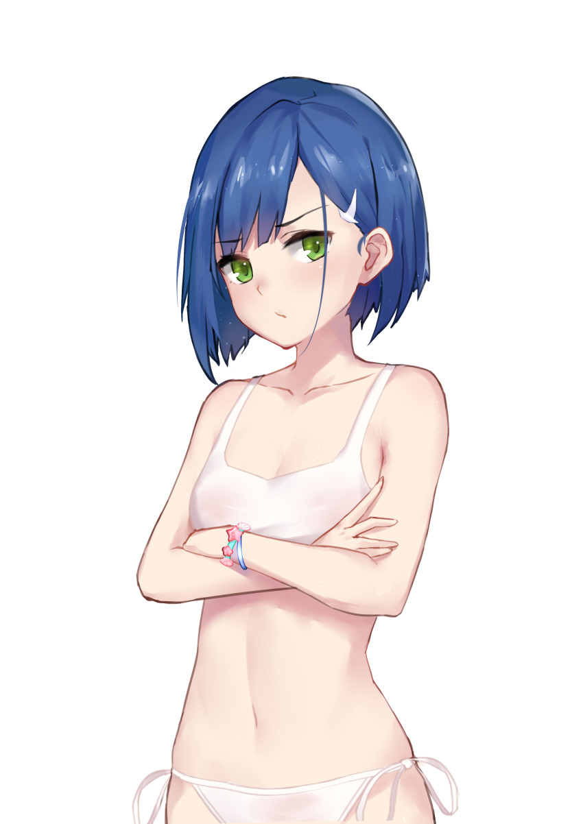 1girl, absurdres, bare_arms, bare_shoulders, bikini, blue_hair, blush, bracelet