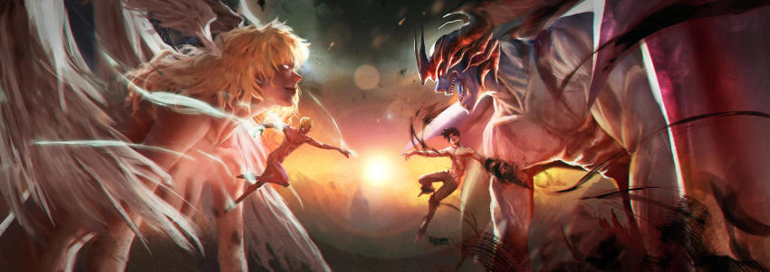 2boys, absurdres, androgynous, angel_wings, asuka_ryou, backlighting, bat_wings, battle