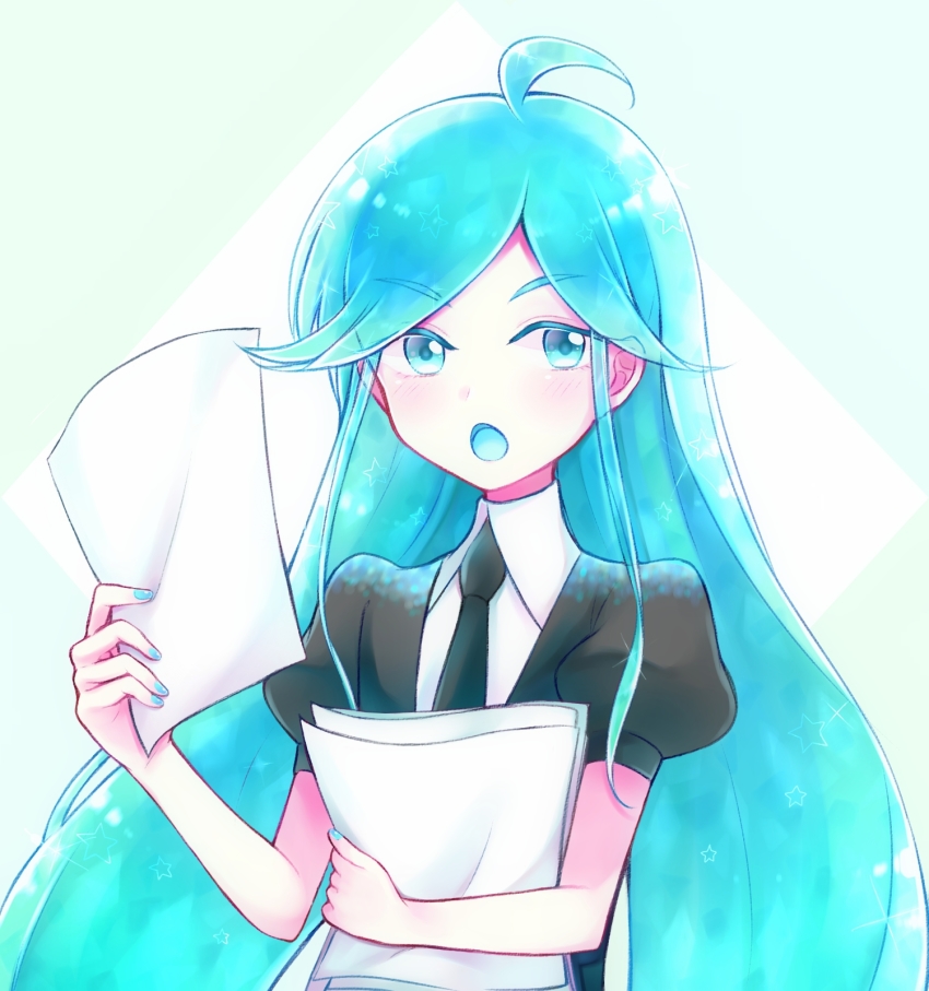 1other, ahoge, alexandrite_(houseki_no_kuni), androgynous, blue_eyes, blue_hair, colored_eyelashes, commentary_request, crystal_hair, gem_uniform_(houseki_no_kuni), highres, houseki_no_kuni, long_hair, looking_at_viewer, necktie, nekotamago, open_mouth, paper, solo, upper_body