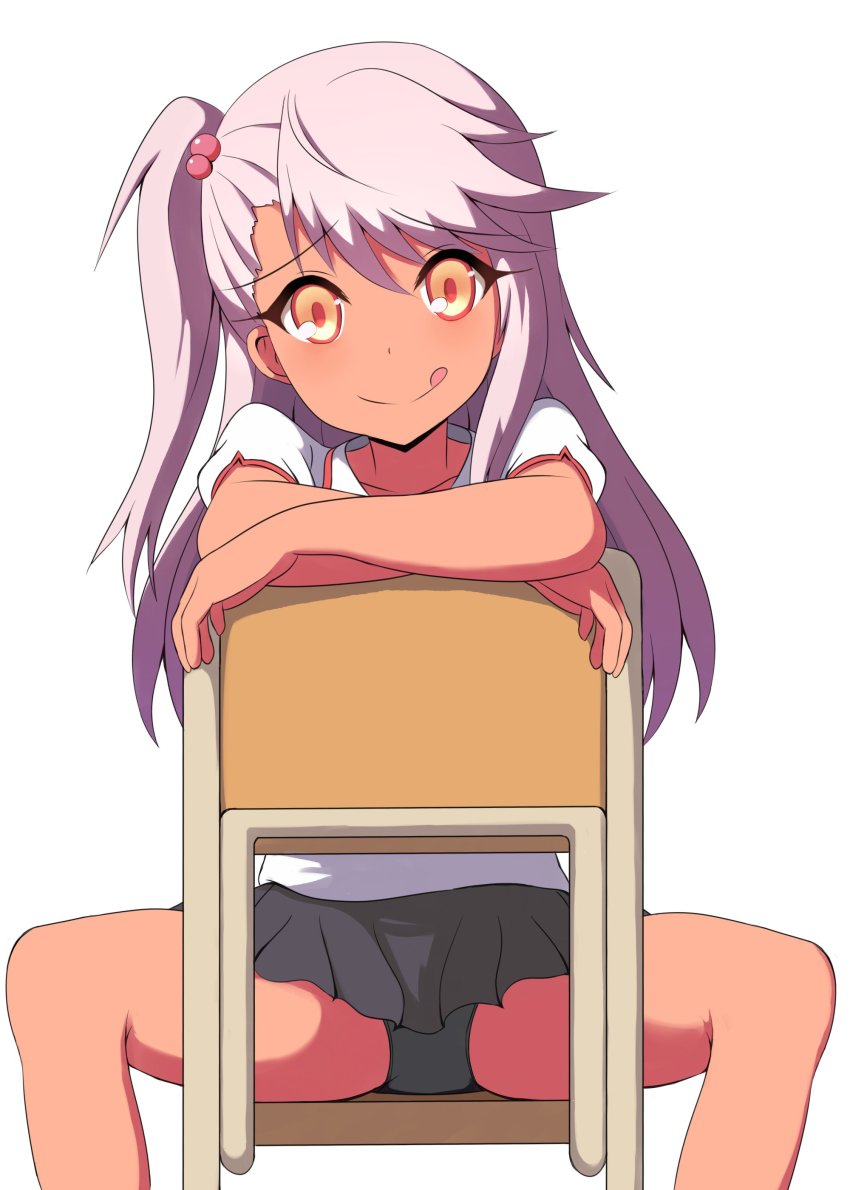 1girl, :p, absurdres, black_panties, black_skirt, chair, chloe_von_einzbern, commentary_request, crossed_arms, dark-skinned_female, dark_skin, fate/kaleid_liner_prisma_illya, fate_(series), female_focus, hair_bobbles, hair_ornament, highres, homurabara_academy_school_uniform, long_hair, looking_at_viewer, miniskirt, mitchi, one_side_up, panties, pink_eyes, pink_hair, pleated_skirt, school_chair, school_uniform, serafuku, shirt, simple_background, sitting, sitting_backwards, skirt, smile, solo, spread_legs, tongue, tongue_out, underwear, white_background, white_shirt