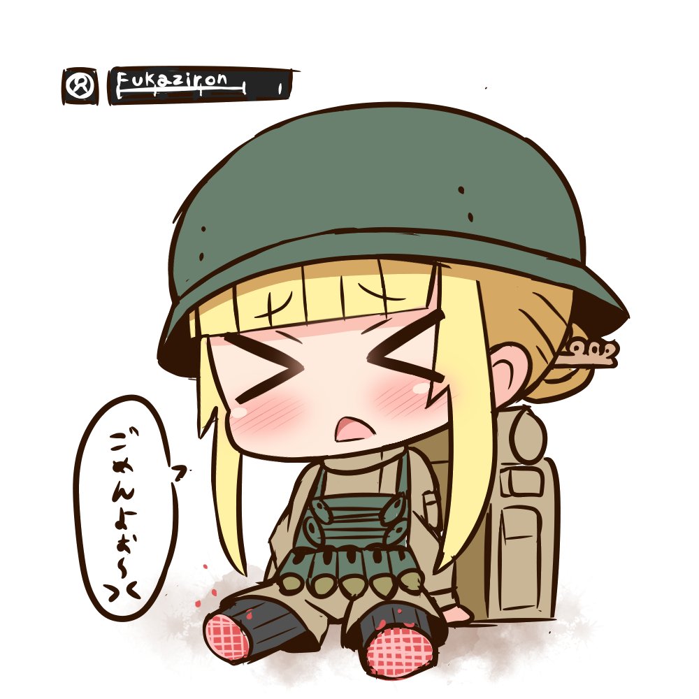 >_<, 1girl, amputee, backpack, bag, black_pantyhose, blonde_hair, blunt_bangs