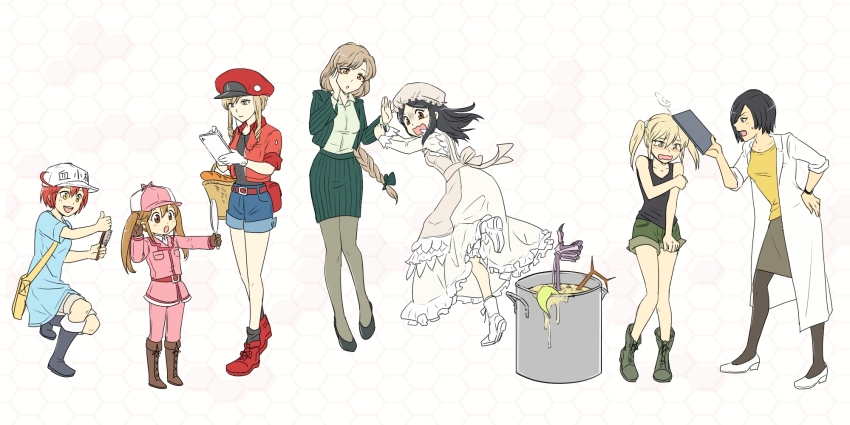 6+girls, ae-3803, ahoge, ankle_boots, apron, bad_id, bad_pixiv_id, bag