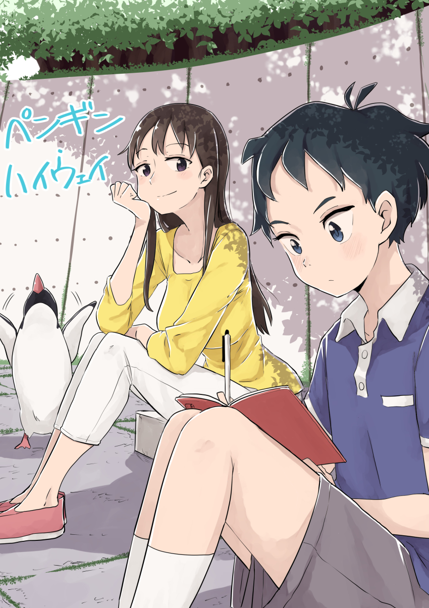 1boy, 1girl, absurdres, age_difference, aoyama-kun_(penguin_highway), bird, black_hair, brown_eyes