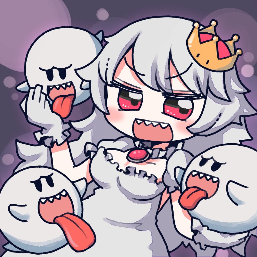 1girl, :d, blush, boo_(mario), breasts, brooch, cleavage, dress