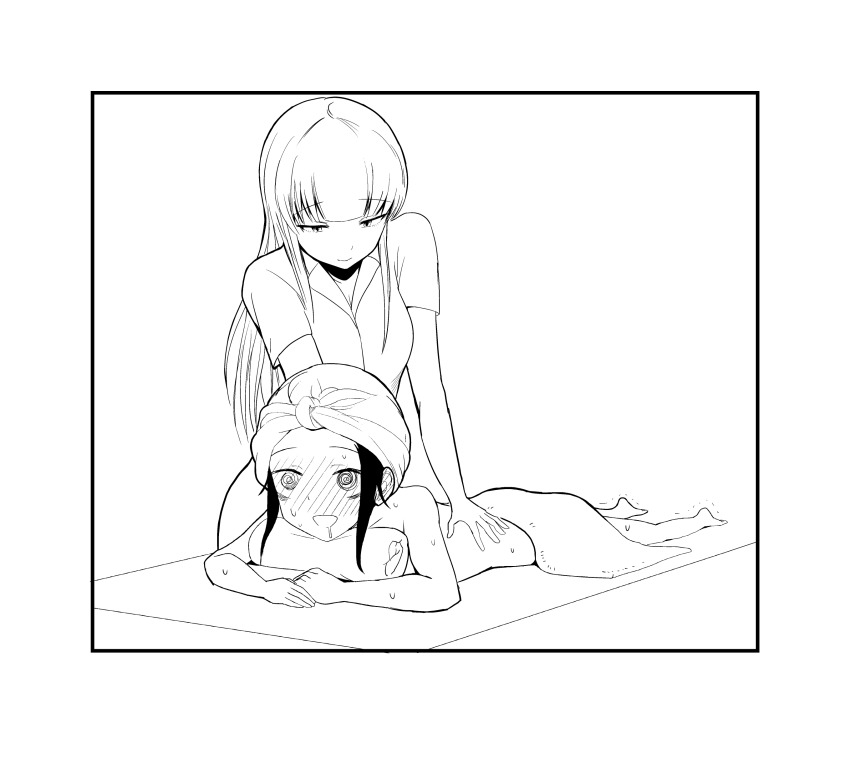 2girls, :d, @_@, absurdres, bags_under_eyes, barefoot, blush, cyber_dragon-kun