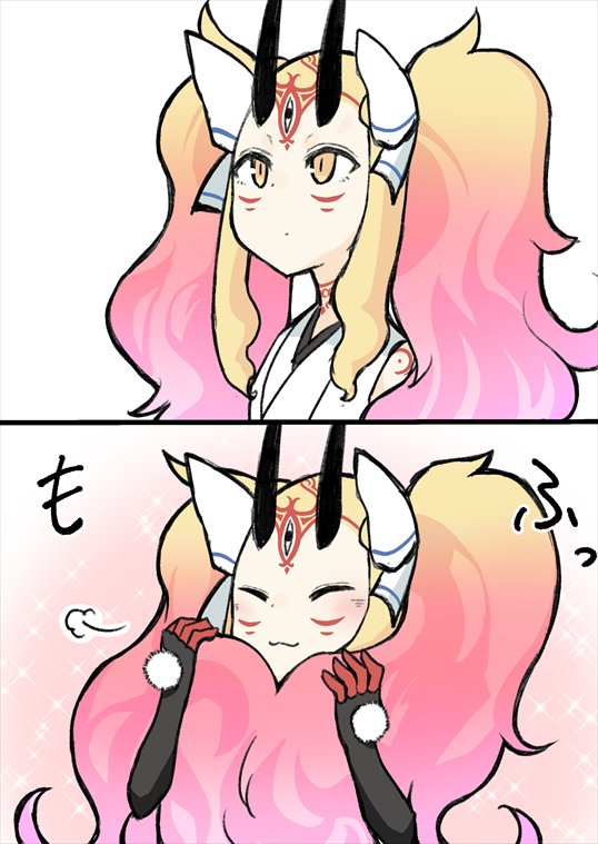 1girl, :3, akiyama_yuuji_(naruko-tei), bad_id, bad_twitter_id, big_hair, blonde_hair, closed_eyes, comic, commentary, facial_mark, fate/grand_order, fate_(series), fingerless_gloves, forehead_mark, gloves, hair_ribbon, horns, ibaraki_douji_(fate), ibaraki_douji_(swimsuit_lancer)_(fate), ibaraki_douji_(swimsuit_lancer)_(third_ascension)_(fate), inactive_account, long_hair, multicolored_hair, oni, oni_horns, pink_hair, pom_pom_(clothes), ribbon, sleeveless, smile, tattoo, translated, twintails, two-tone_hair, very_long_hair, wavy_hair, white_ribbon, yellow_eyes