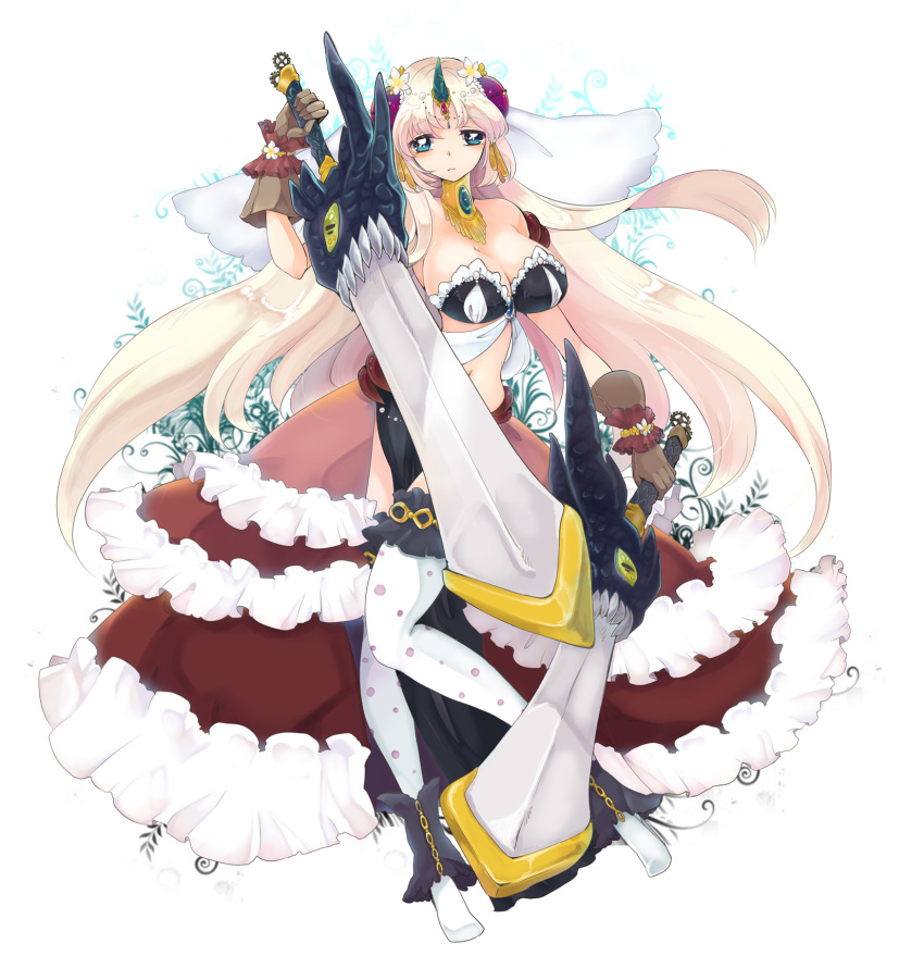 1girl, blue_eyes, breasts, cleavage, female_focus, flower, gloves, highres