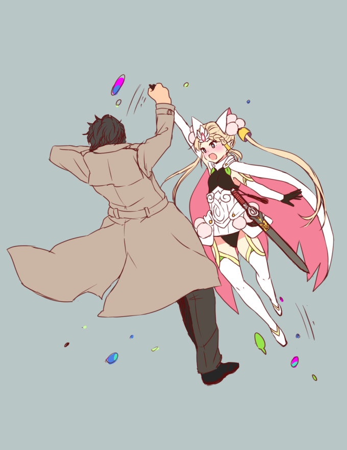 1boy, 1girl, armor, blush, boots, cape, cop_craft:_dragnet_mirage_reloaded, dancing