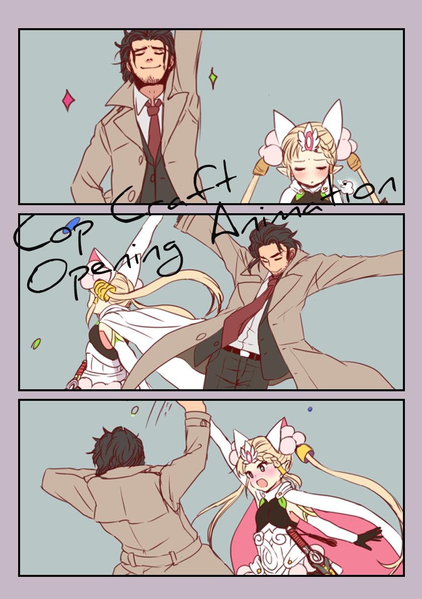 1boy, 1girl, armor, blush, cape, cop_craft:_dragnet_mirage_reloaded, dancing, elbow_gloves