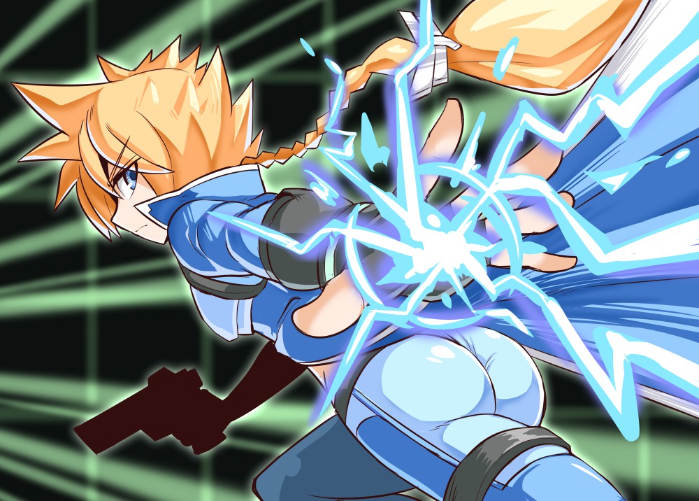 1boy, ass, azure_striker_gunvolt, blonde_hair, blue_eyes, braid, coat, cougar_(cougar1404)